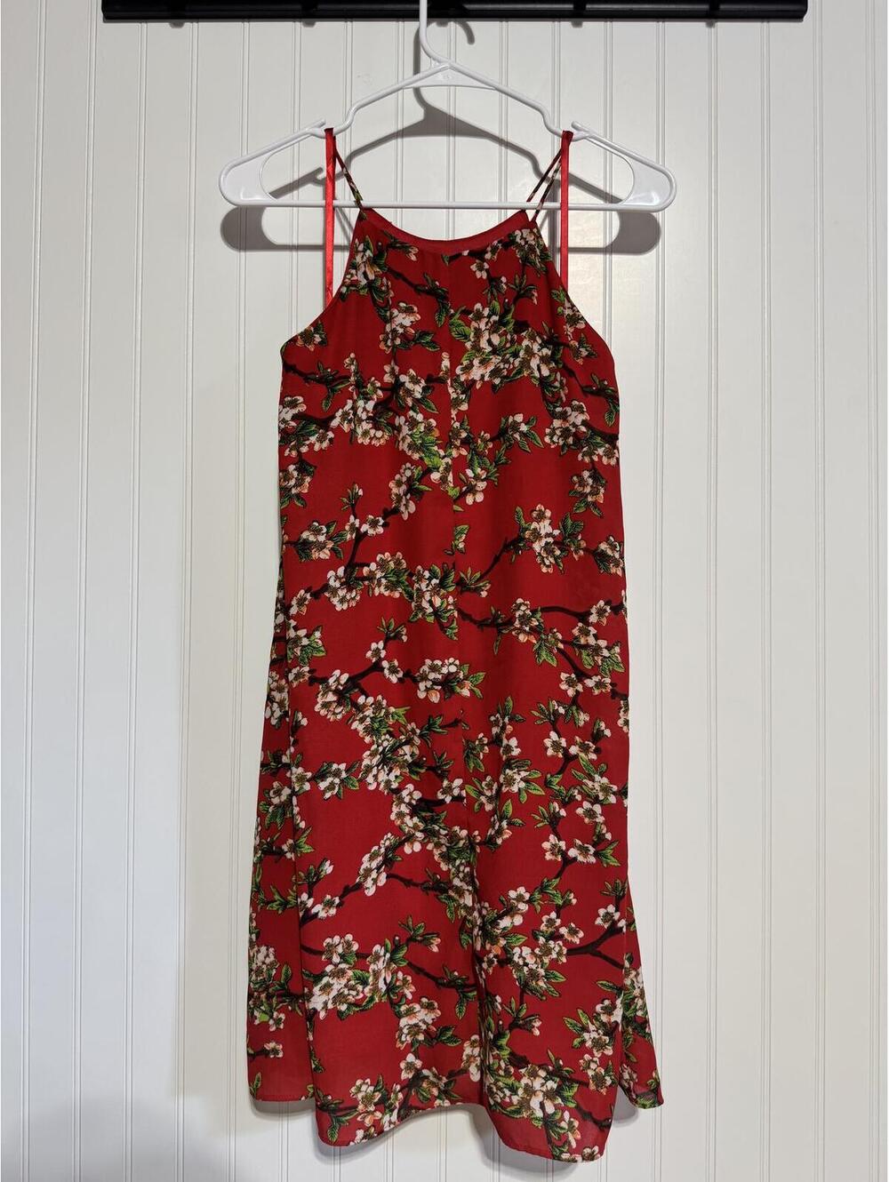 YA Los Angeles Red Cherry Blossom Floral Halter Mini Dress Small